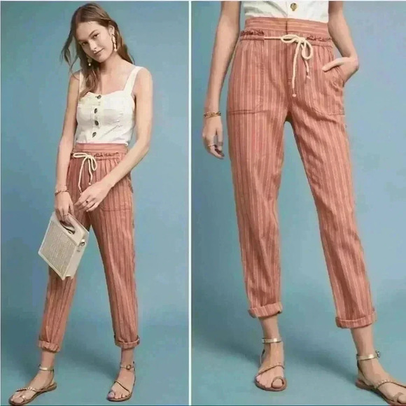 ANTHROPOLOGIE Seashore Terracotta Linen Blend Stripped Pants. Size S - Picture 1 of 6